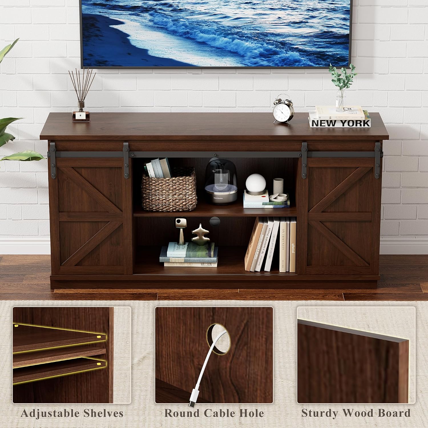 YESHOMY TV Stand for Televisions up to 65 Inches, with Sliding Barn Doors and Storage Cabinets, Console Table and Media Furniture for Living Room, 58 Inch, Espresso