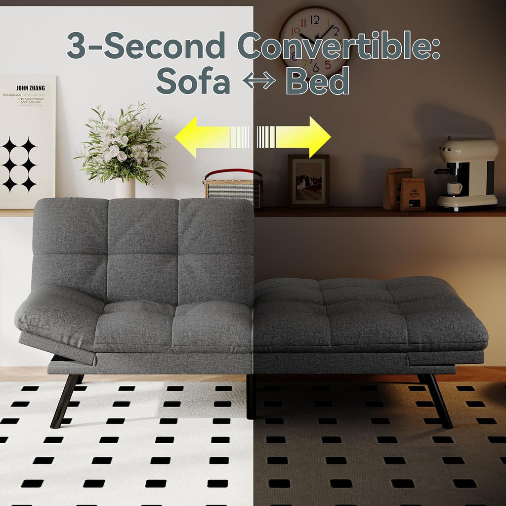 Futon Sofa Bed Convertible Couch, Grey Linen Sofa Bed with Memory Foam, Adjustable Backrest & Armrests, Multifunctional Small Loveseat Sleeper Sofa for Living Room, Apartment, Office
