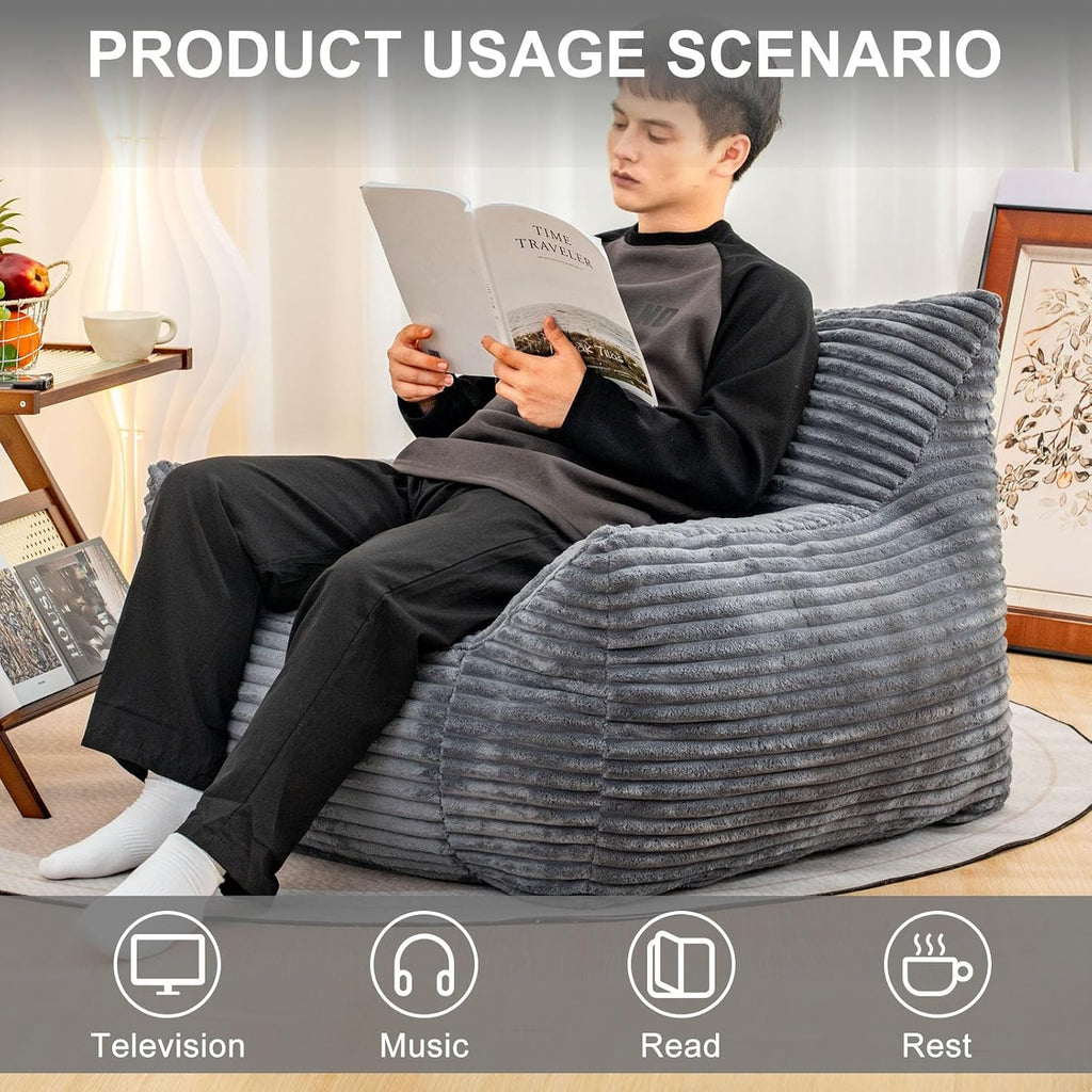 Bean Bag Chair for Adults, Comfy Corduroy Beanbag with Armrests, Lazy Sofa Floor Chair for Living Room, Bedroom, Dorm & Lounge, Cozy Fluffy Single Mini Couch (Gray)