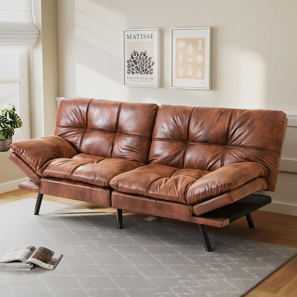 Opoiar 71' L Covertible Futon Sofa Bed,Faux Leather Futon Couch, Memory Foam Modern Loveseat Sleeper, Small Splitback Sofa Couches for Living Room,RV,Home Office,Apartment,Brown