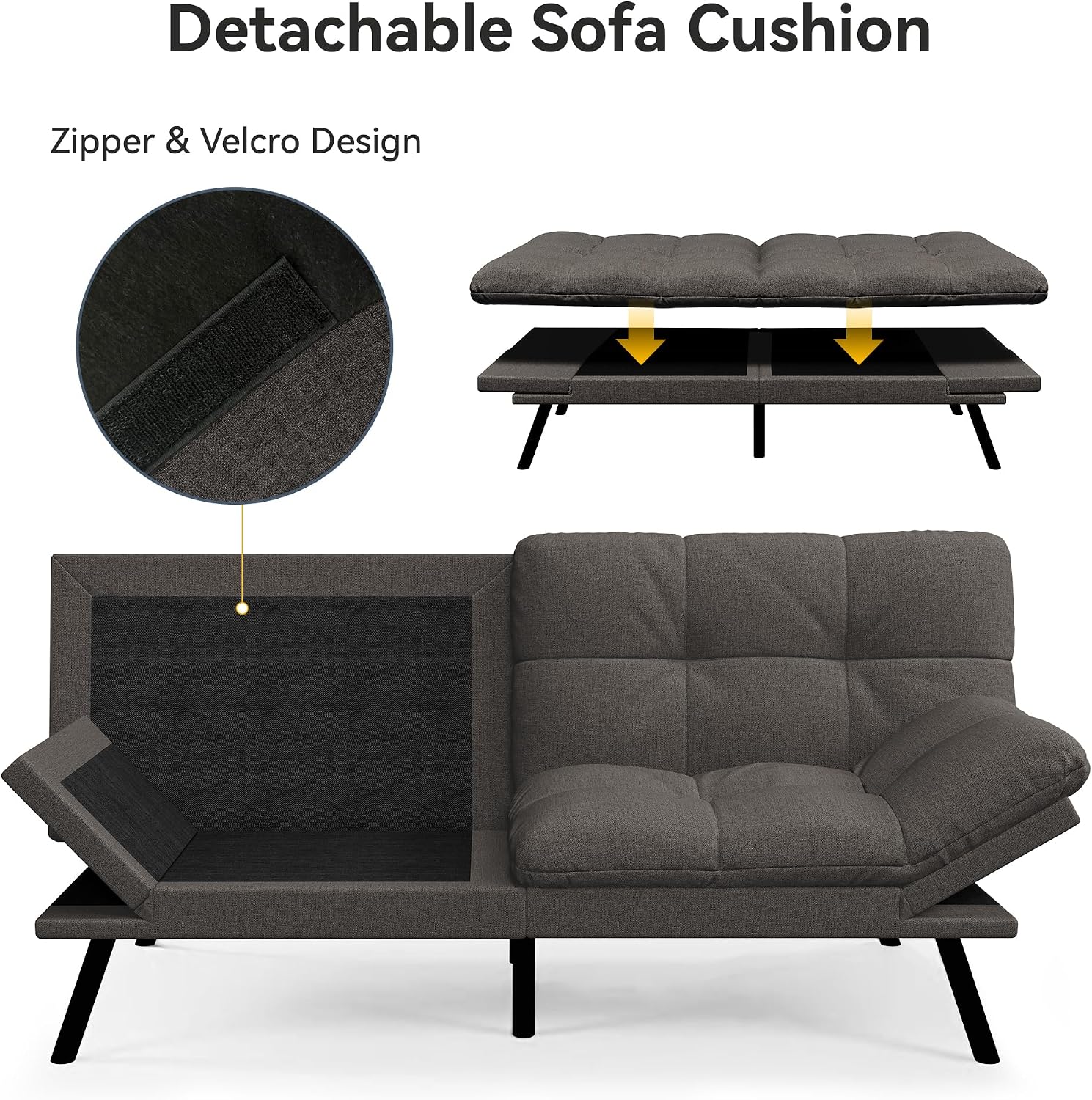 Vipbear 71' Convertible Futon Sofa Bed,Grey Linen Fabric Futon Couch with Detachable Cushion,Adjustable Backrest & Armrest,Modern Loveseat Sleeper Recliner for Living Room,Office,Apartment