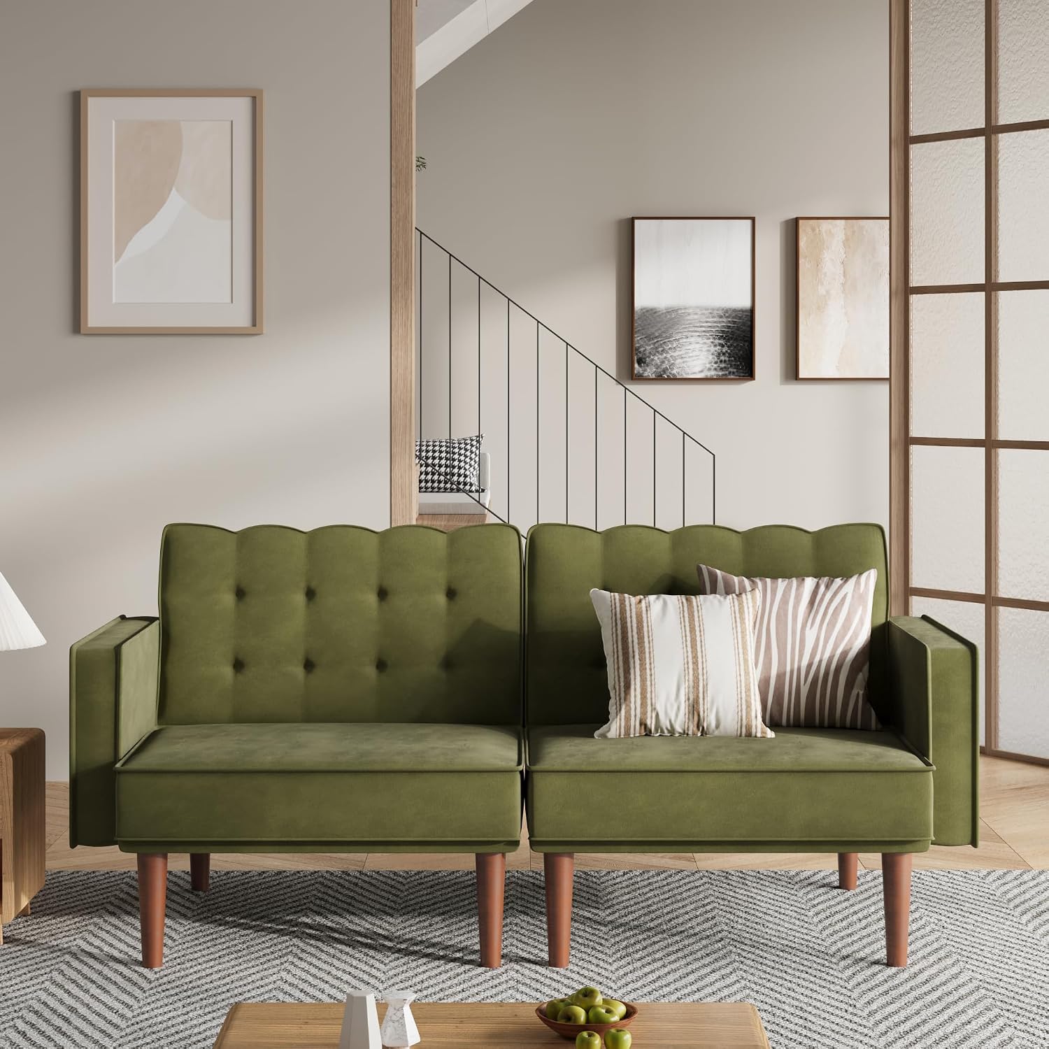 Furnify 71' Velvet Futon Sofa Bed, Versatile Loveseat Couch, Sleeper Sofa with Adjustable Backrest, Mid Century Modern Futon Couch for Small Space, Living Room, Office & Apartment, Velvet Fabric Green