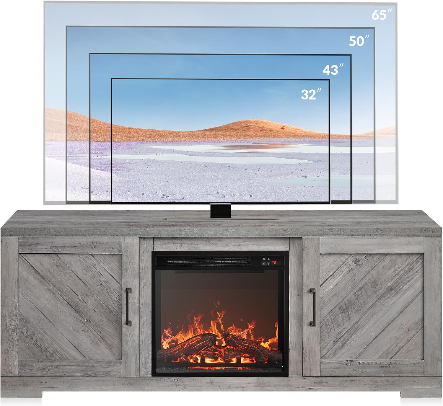 BELLEZE Modern 58' Farmhouse TV Stand with 18' Electric Fireplace Heater & Media Entertainment Center for TV up to 65', Console Table with Storage Cabinets - Hilo (Grey Wash)