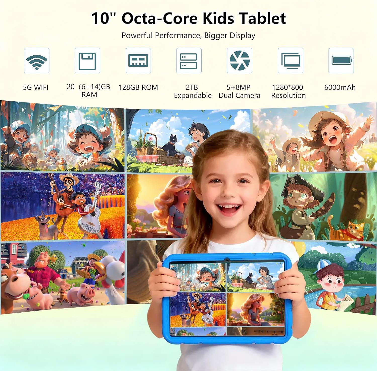 ITDULCET Kids Tablet, 10 inch Android 15 Tablet for Kids, 20GB RAM 128GB ROM Octa-Core 6000mAh Battery Childs Tablets with Shockproof Case, Bluetooth, WiFi, Parental Control, Dual Camera, GPS