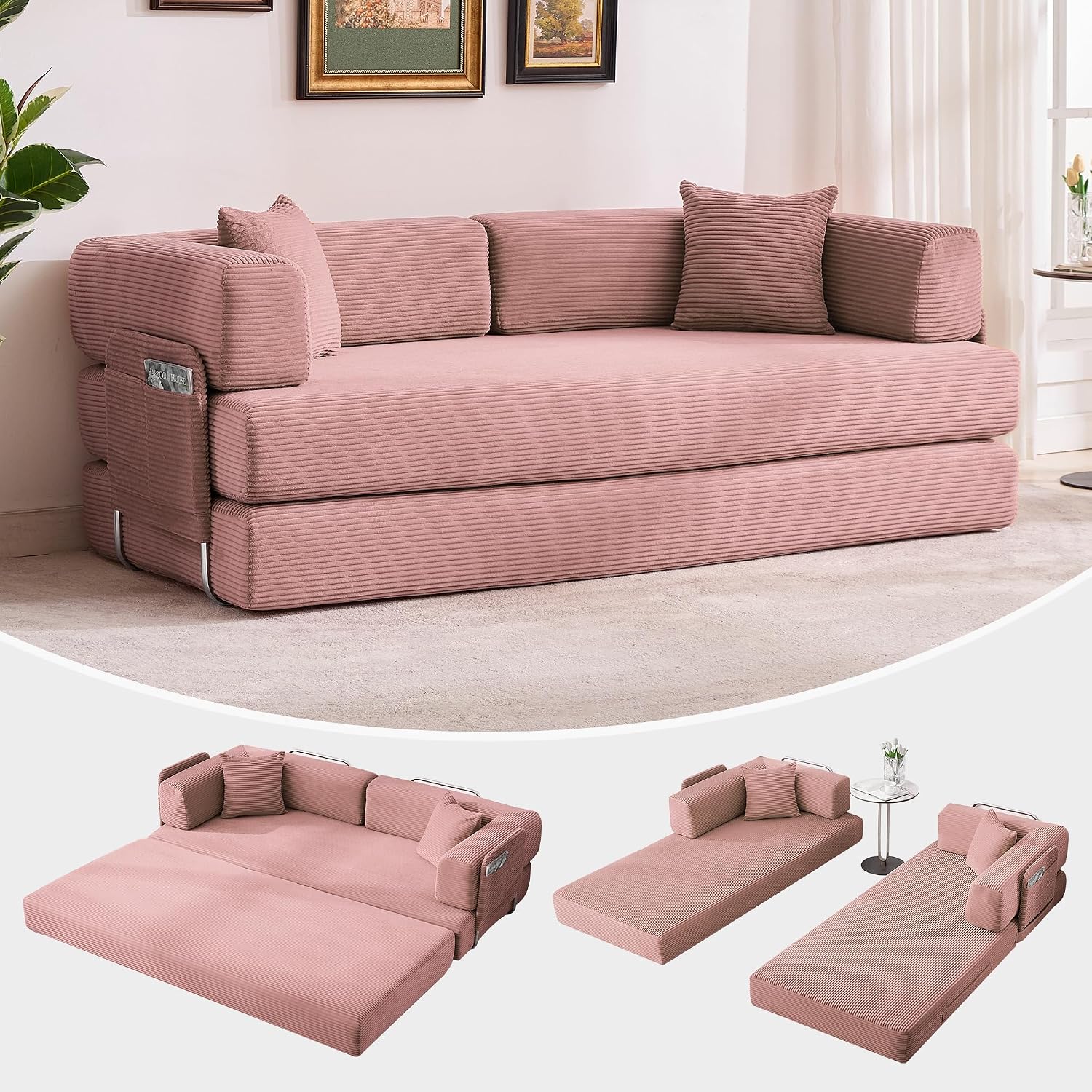 Garvee 5-in-1 Convertible Sofa Bed, 78.8' Modular Corduroy Sleeper with Sturdy Frame & No Assembly, Multi-Functional Futon for Small Space, Living Room & Guest Room (Pink)