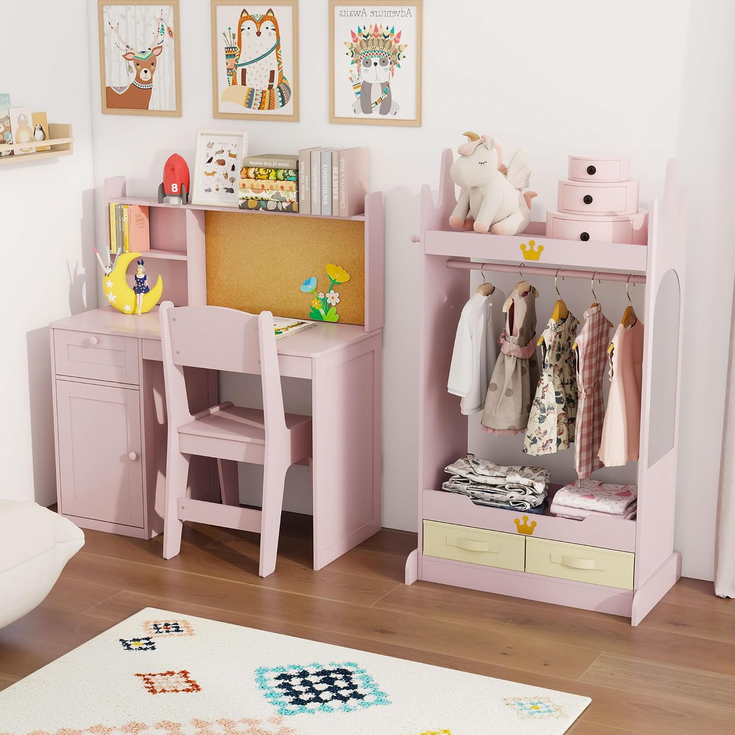 FTZxHKLX Dress Up Storage & Kids Desk Chair Set, Open Hanging Armoire Closet & Wooden Kids Desk and Chair Set with Storage Cabinet for Bedroom, Study Room, Pink
