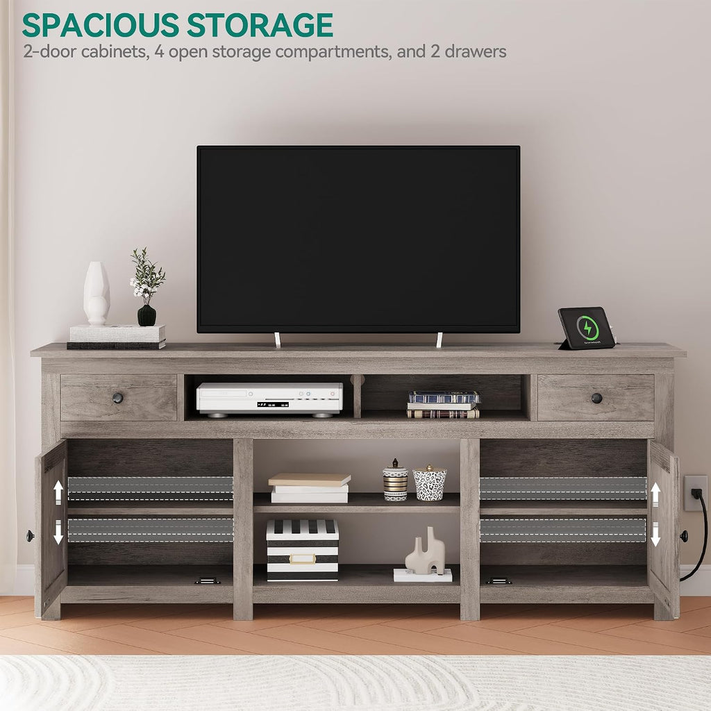 YITAHOME TV Stand for 75/80 Inch TV, Farmhouse Entertainment Center with Storage, 70 Inch TV Cabinet with Drawers and Power Outlet, TV Console for Living Room (Grey Oak)
