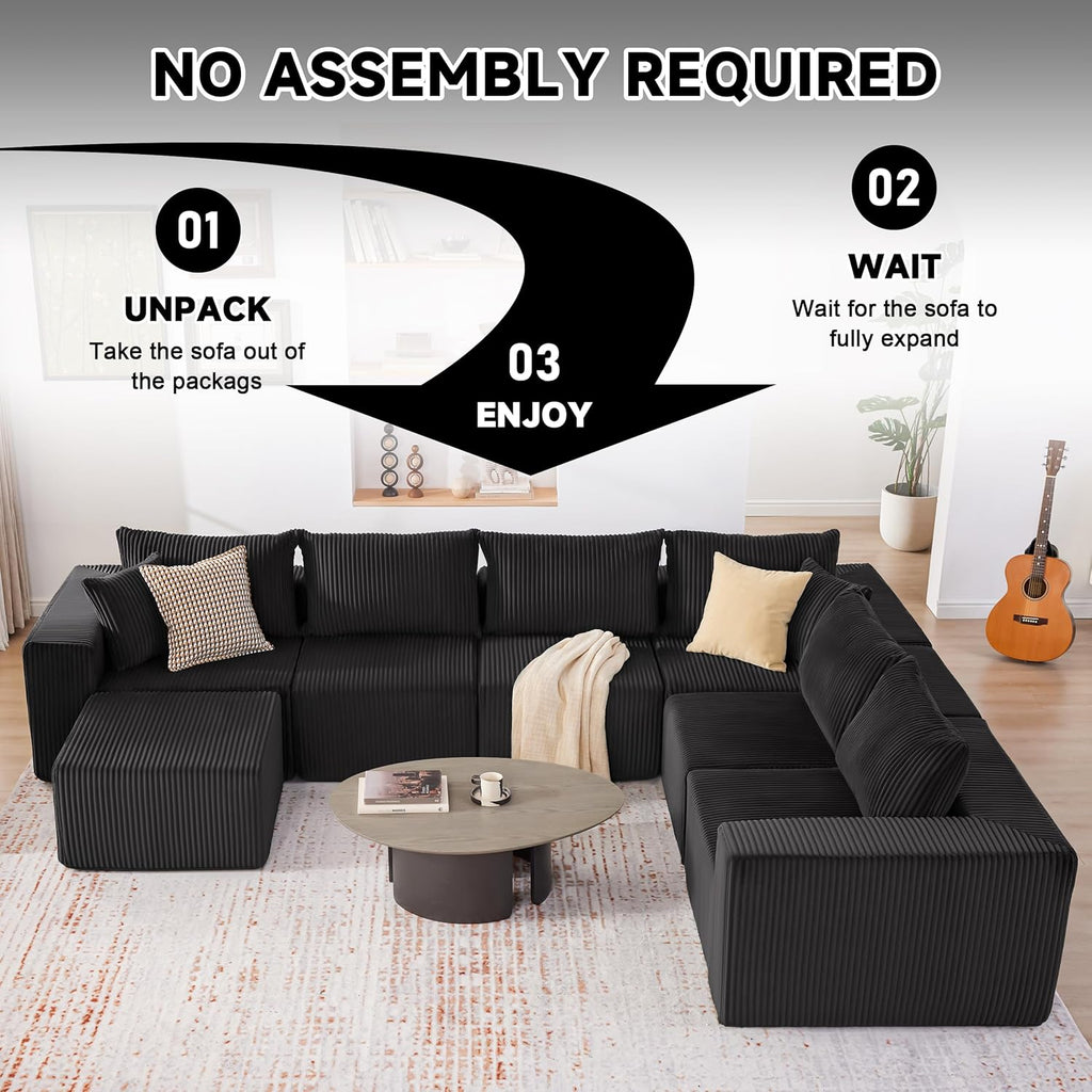 Cloud Couch Sectional, Modular Sofa with Deep Seat, Convertible Sectional Couches for Living Room, Plush Corduroy U Shaped Boneless Couch (Black, 6 Seater & 1 Ottoman)