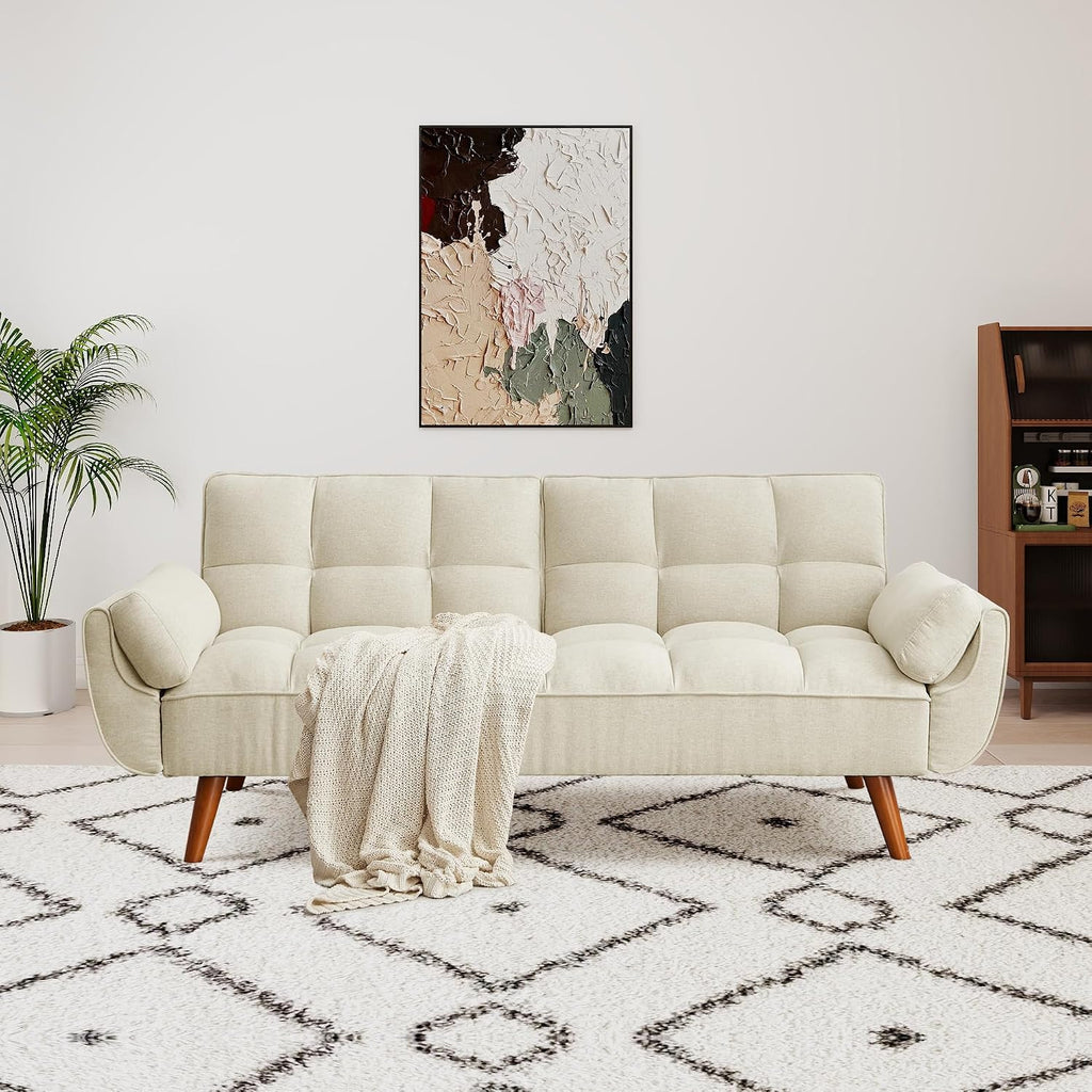75' Convertible Futon Sofa Bed, Sleeper Couch Bed with Adjustable Backrest, Small Couches for Small Spaces, Living Room, Bedroom and Office (White)