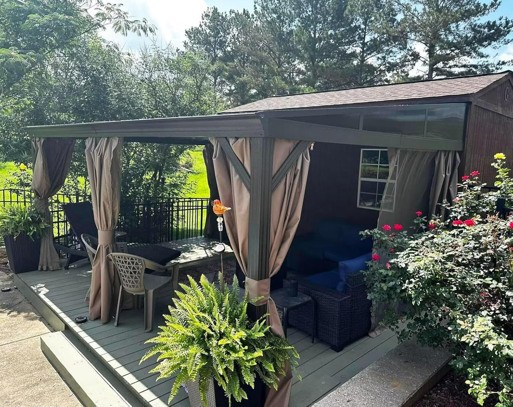 Domi 12x16FT Wall Mounted Gazebo Aluminum Frame, Lean to Gazebo Hardtop with Galvanized Steel Sloping Roof, Curtains and Netting for Patio Deck Backyard Lawn Party