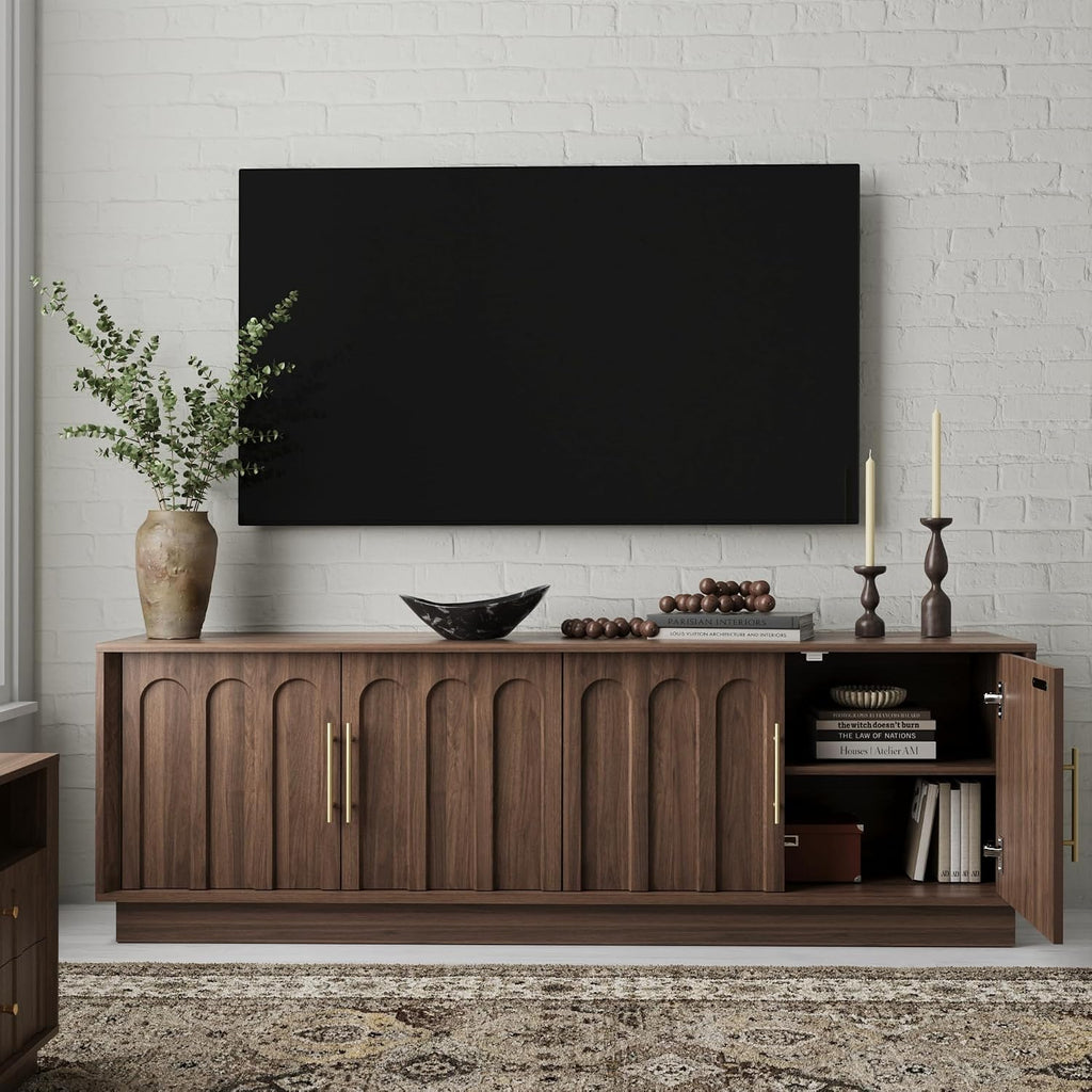 FORTUNETEC TV Stand for 75 Inch TV, Mid Century Modern TV Stand with Arched Design, Wood Grain Finish, Media Console with Adjustable Shelves, 67' Entertainment Center for Living Room Bedroom, Walnut