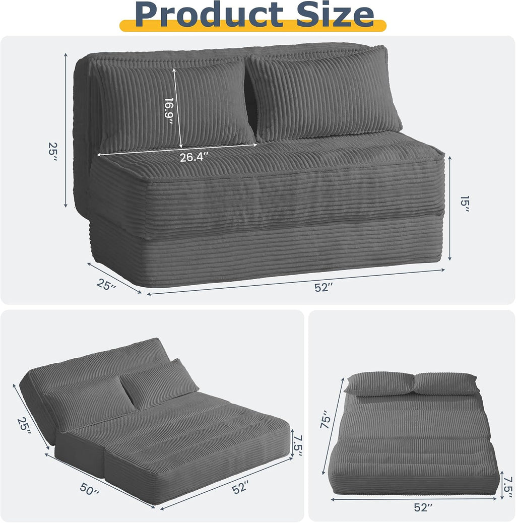 Convertible Folding Sofa Bed with Fixed Frame,Boneless Couch Loveseat Sleeper with 5-Position Adjustable Backrest & Thickened Cushion,Futon Couch with 2 Pillows for Bedroom,Small Spaces