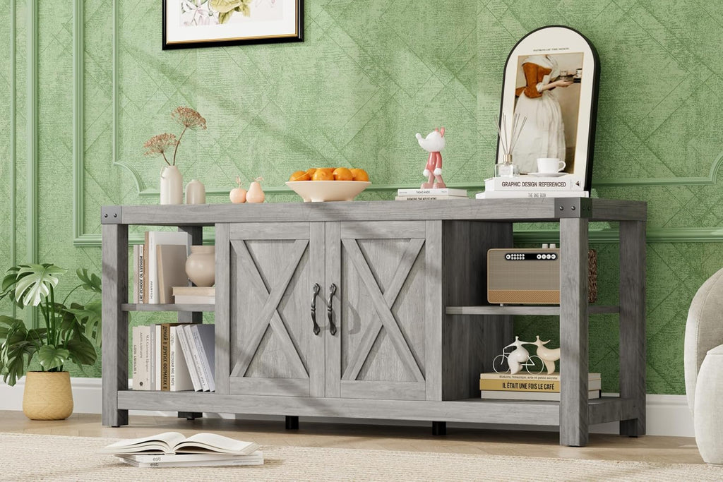 Garvee TV Stand for 65'' TV, Farmhouse Entertainment Center with Storage, 60'' TV Console Table with Shelves, Modern Media Console Cabinet with Doors, Wooden TV Stand for Living Room, Bedroom, Grey