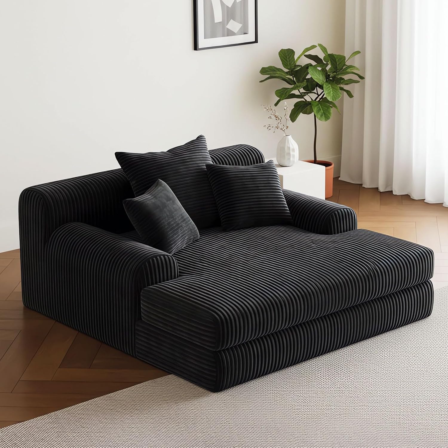 59' Oversized Chaise Lounge Chair Indoor, Comfy Corduroy Upholstered Sleeper Sofa Bed, Boneless Deep Seat Lounge Couch with Throw Pillows and Armrests, Modern Sofa for Living Room Bedroom,Black