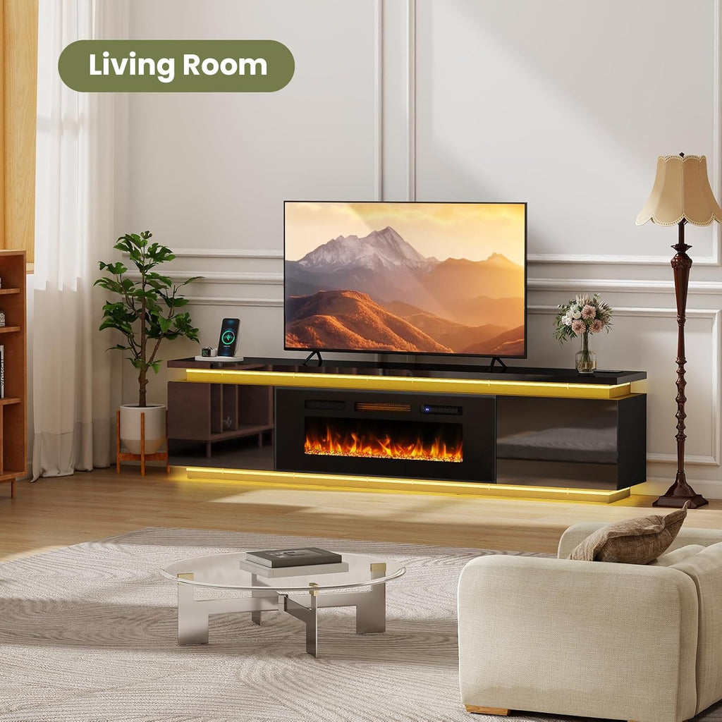 Lamtor Fireplace TV-Stand with 40' Fireplace - 2 LED Light TV-Stand for 90 95 inch TVs - Entertainment Center with 4 AC Power Outlets - 2 Tier TV Consoles Stand for Living Room, Black