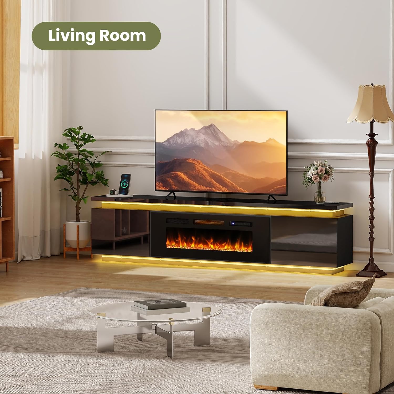 Lamtor Fireplace TV-Stand with 40' Fireplace - 2 LED Light TV-Stand for 90 95 inch TVs - Entertainment Center with 4 AC Power Outlets - 2 Tier TV Consoles Stand for Living Room, Black