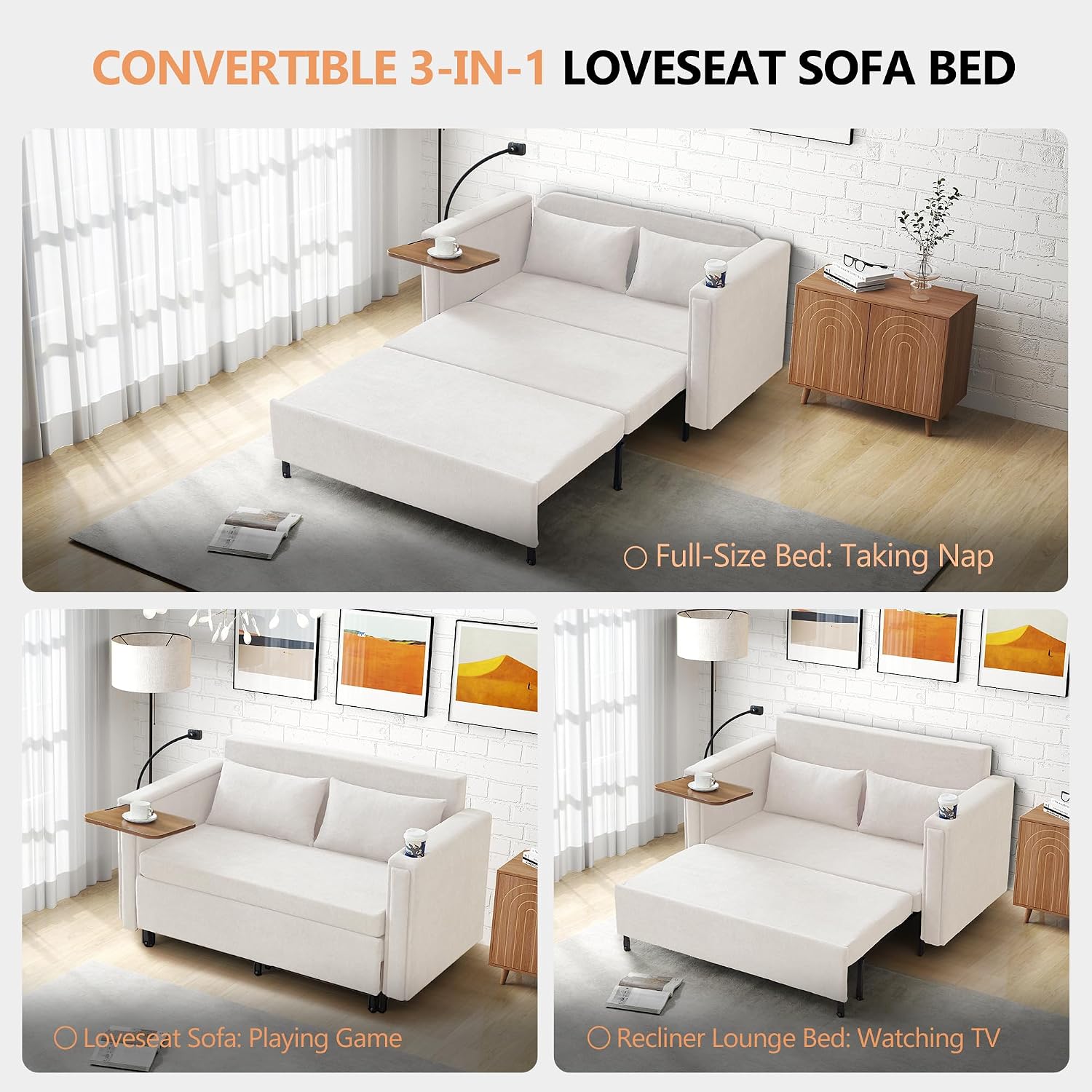 3-in-1 Convertible Sleeper Sofa Couch with Pullout Bed, Loveseat Sleeper Sofa Bed with Hidden Side Table, 56' Full Size Folding Futon Couch for Living Room Guest Room Apartment Home Office (Beige)