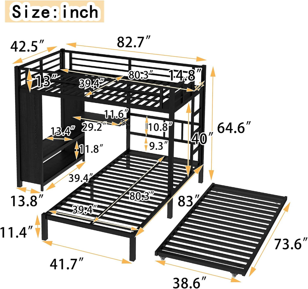 Bellemave Twin/Twin XL Over Twin XL bunk Bed with Foldable Desk and Wardrobe and Twin Trundle, loft Bed with Desk and Desk, Metal Bunk Beds with Storage, Black