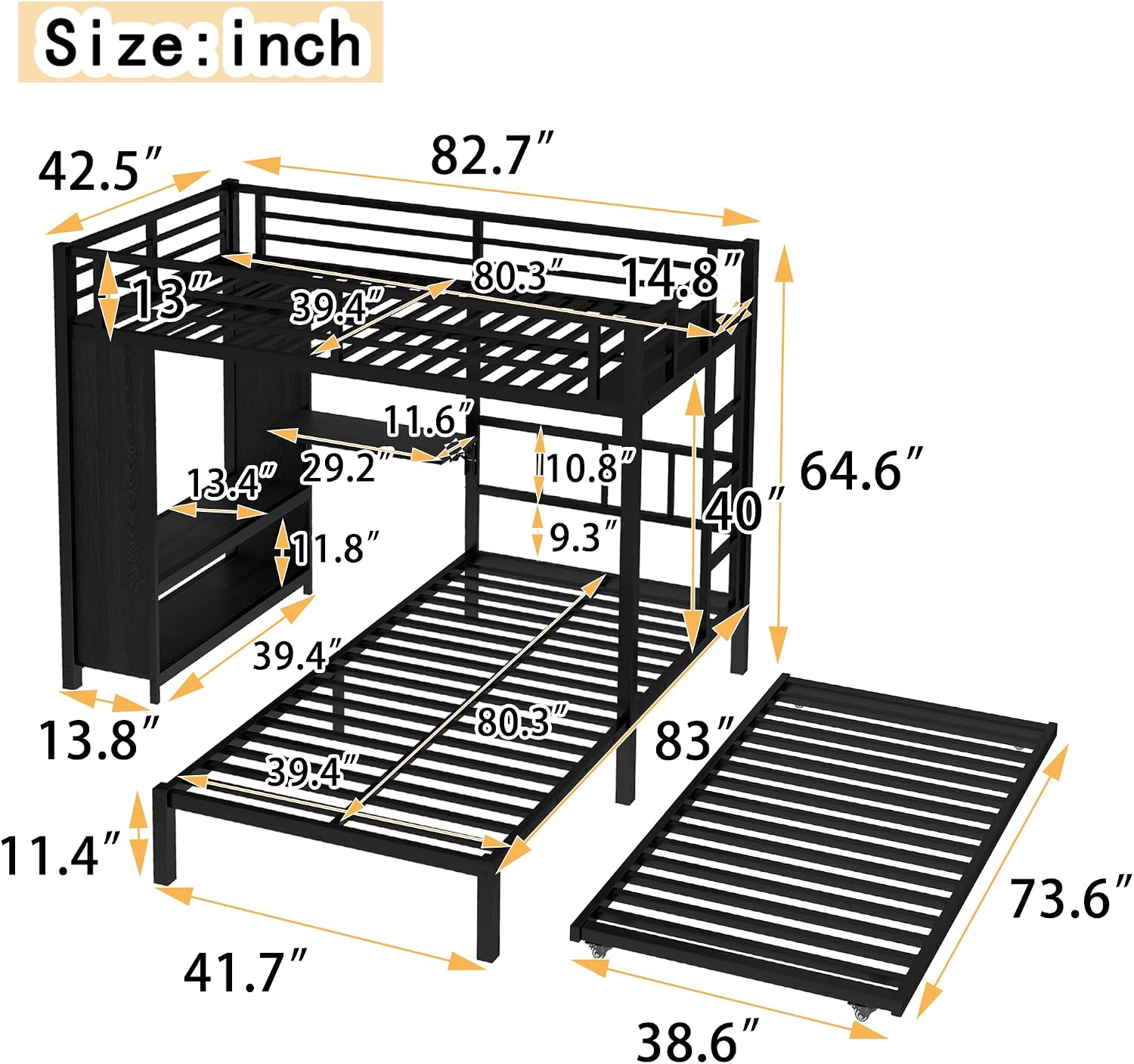Bellemave Twin/Twin XL Over Twin XL bunk Bed with Foldable Desk and Wardrobe and Twin Trundle, loft Bed with Desk and Desk, Metal Bunk Beds with Storage, Black
