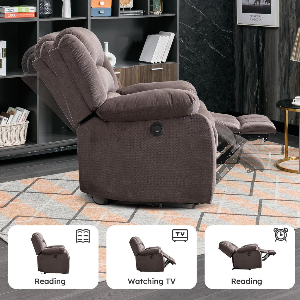 EBELLO Classic Power Recliner Chair, Oversized Electric Reclining Chair with Overstuffed Cushion and Back, Soft Fabric Adults Single Recliner Sofa for Living Room, Brown