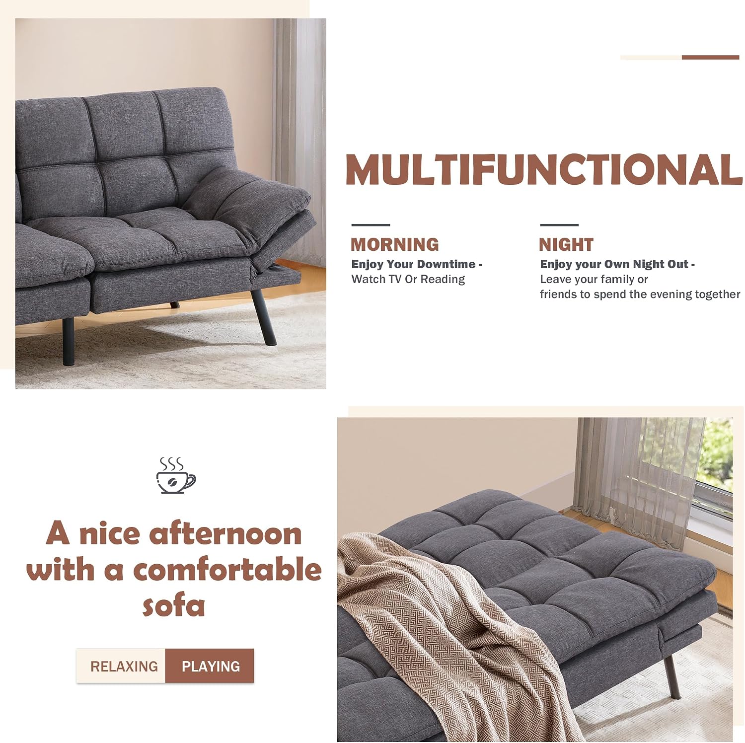 Hcore Futon Sofa Bed, Memory Foam, Sofa Bed, 71' L x 31' W x 16' H, Dark Grey