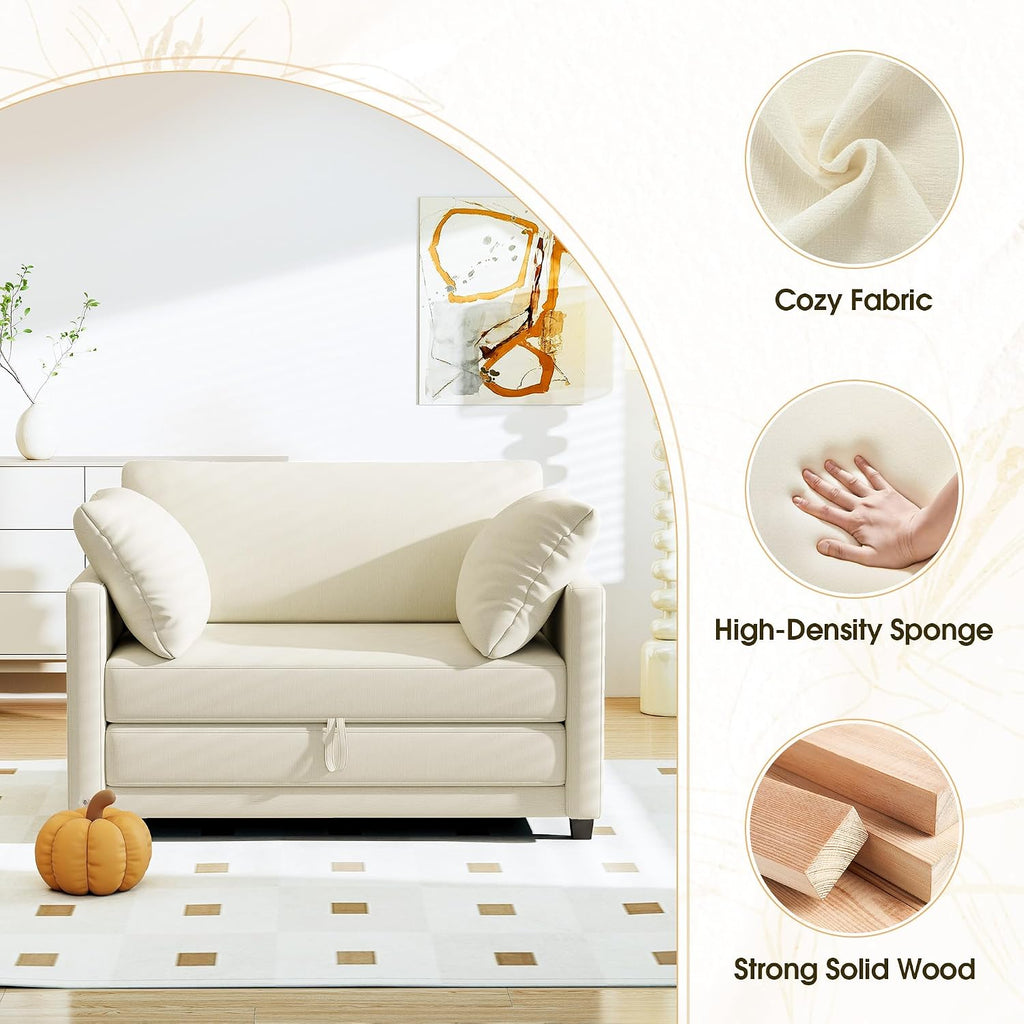 Myroyalsit 51' Convertible Sofa Bed, 2 in1 Folding Sofa Bed, Loveseat Sleeper Sofa for Small Spaces, Fold Out Floor Couch with 2 Pillows for Apartment, Living Room & Guest Room, Beige Chenille Fabric