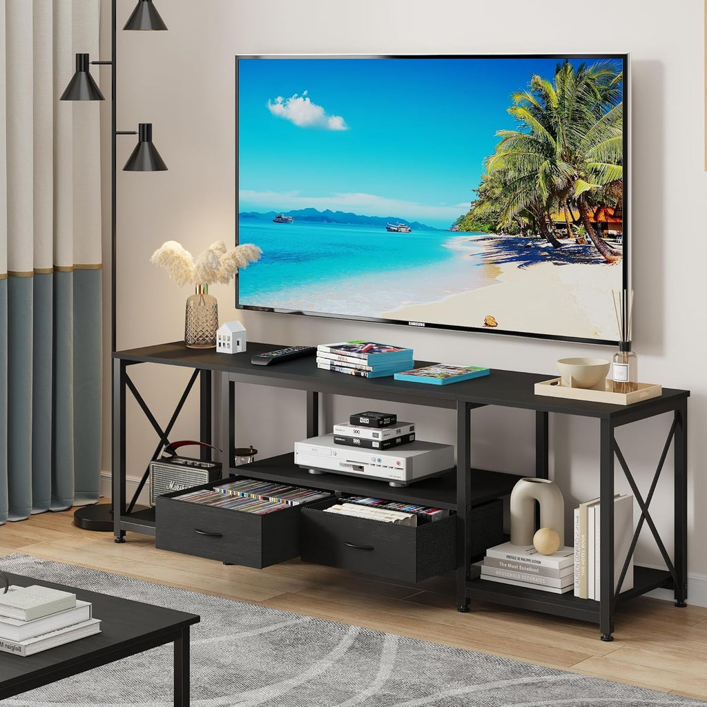 GYIIYUO TV Stand with Fabric Drawer for 50 55 Inches TV - Entertainment Center and Industrial TV Console Table with Open Storage Shelves for Living Room, Bedroom - 47' Black