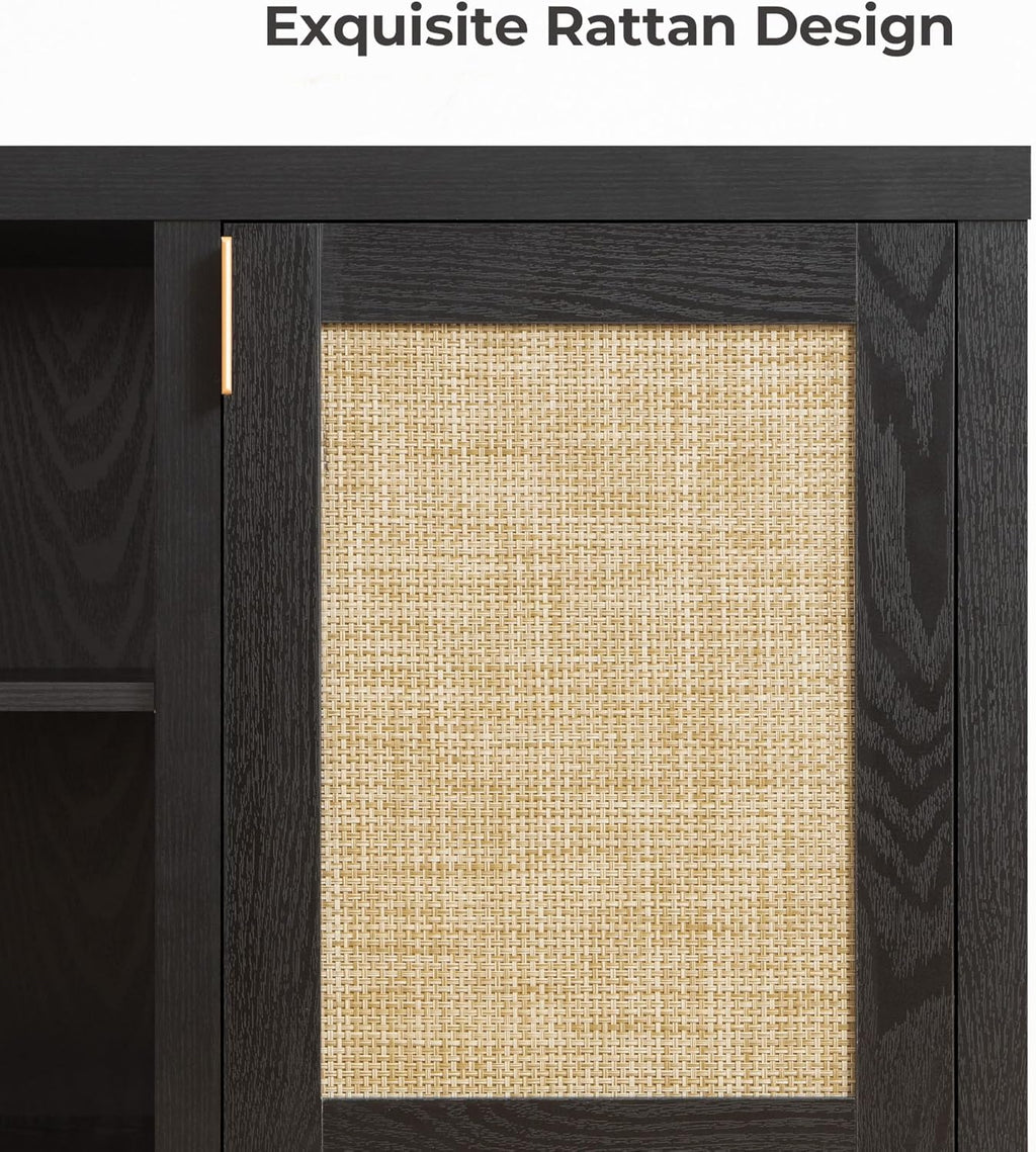 SICOTAS Rattan TV Stand for Living Room - 26' Tall Farmhouse Entertainment Center with Storage and Wicker Door, Media TV Console Cabinet for TVs Up to 65 Inch, Black Oak