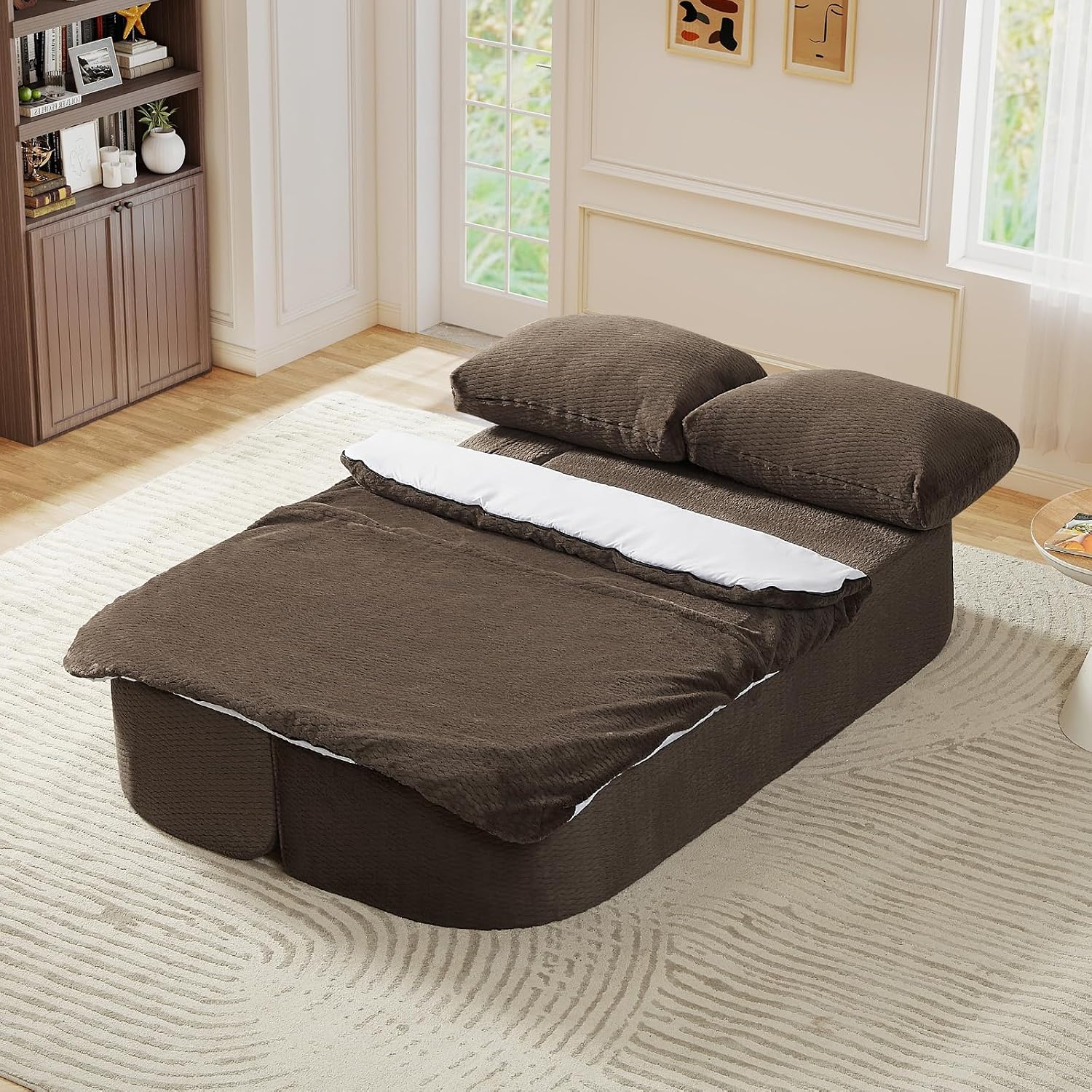 Futon Sofa Bed with Blanket, Convertible Folding Boneless Compressed Faux Fur Memory Foam Floor Loveseat Sleeper Sofa Couch Full Size Bed with Pillows for Guest Room Living Room Small Space, Brown