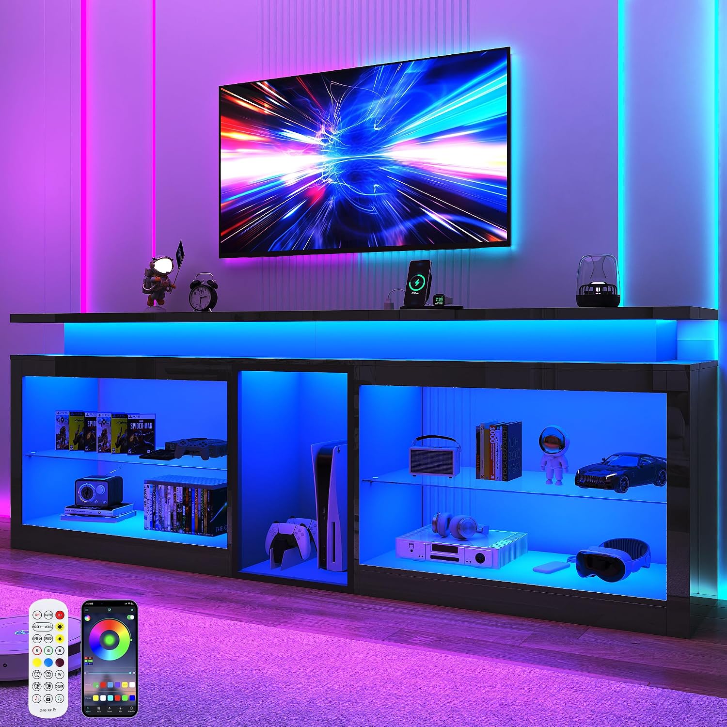 80' LED TV Stand with Power Outlet,60-Colors LED Lights For 80 85 90in TV,High Gloss Gaming Entertainment Center w/Adjustable Shelves,Black TV Console with Modern Design for Living Room Bedroom