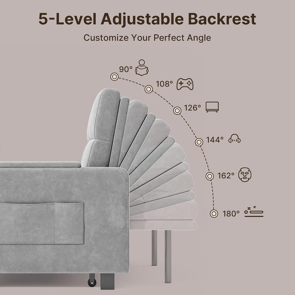 Gizoon Convertible Sofa Bed, 3-in-1 Pull Out Couch, 5-Position Adjustable Backrest & Side Pockets, Modern Small Loveseat Sleeper Sofa for Living Room, Apartment, Dorm, Studio, Guest Room, Light Grey