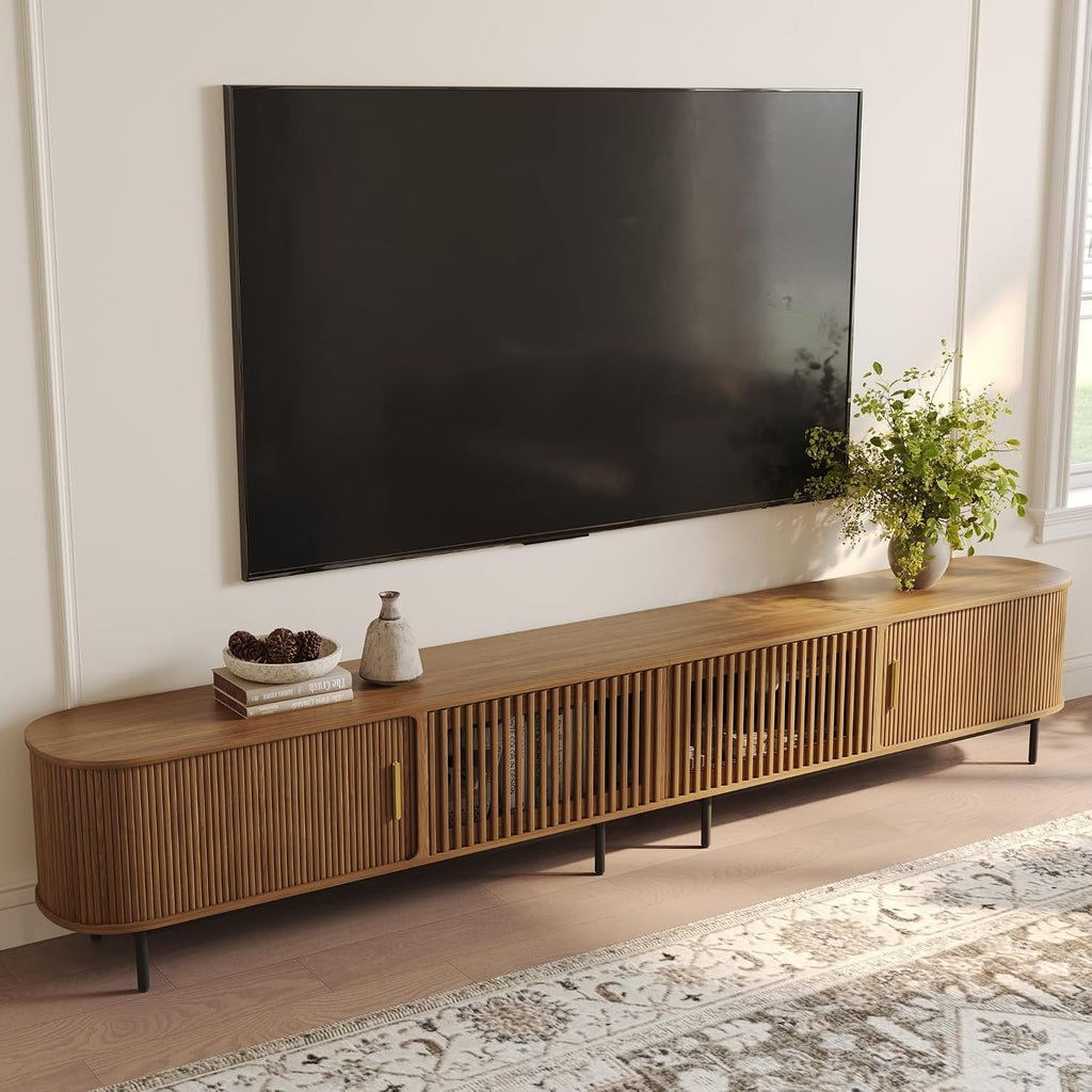 POVISON Fully-Assembled Sliding Tambour Door TV Stand, Mid Century Modern TV Console, Wood Media Console, Entertainment Center with Storage Cabinet (Walnut, 118.11')