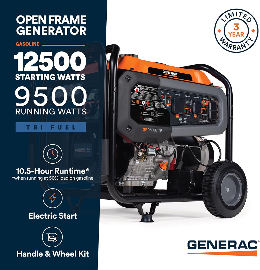 Generac 12,500 Starting Watt Tri-Fuel Portable Generator - Electric Start - Gas, Propane or Natural Gas - Home Backup, Jobsite, or RV - Quiet Operation - Long Runtime - 50-State Compliant