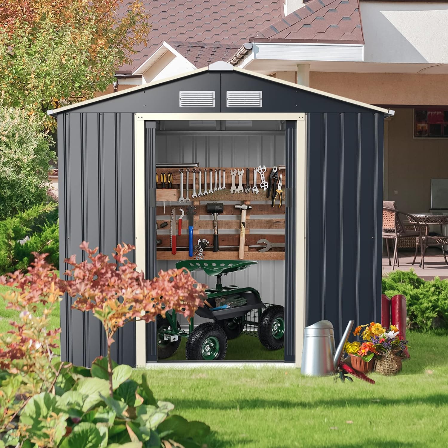 Giantex Outdoor Storage Shed with Double Sliding Door, Galvanized Metal Garden Storage Room, Front and Back Vent, Weather Resistant Tool Storage Shed for Backyard, Patio, Lawn (7 x 4 FT)