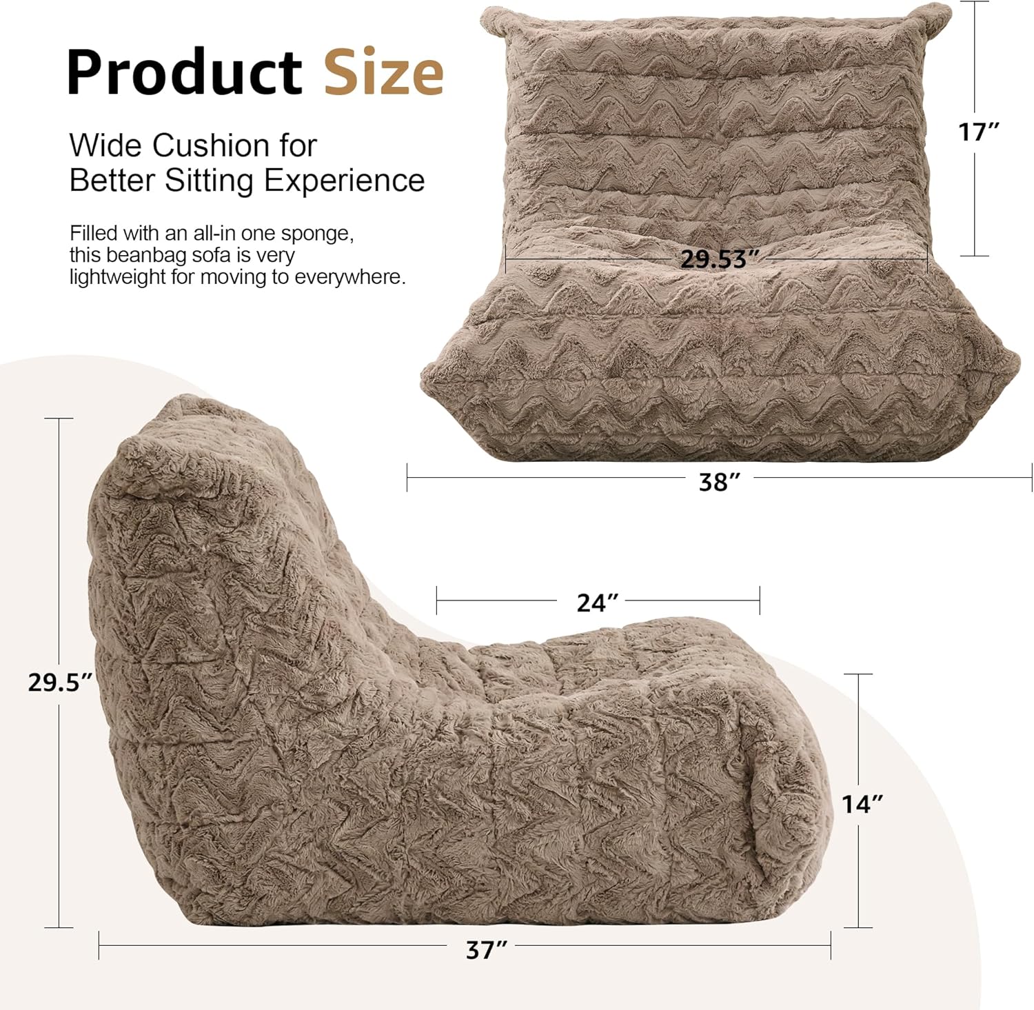 Bean Bag Chairs for Adults Giant Bean Bag Chair Memory Foam BeanBag Chair Bean Bag Sofa with Filler Faux Fur Fireside Beanbags Lazy Sofa for Living Room Bedroom Office (Brown Chevron, Single)