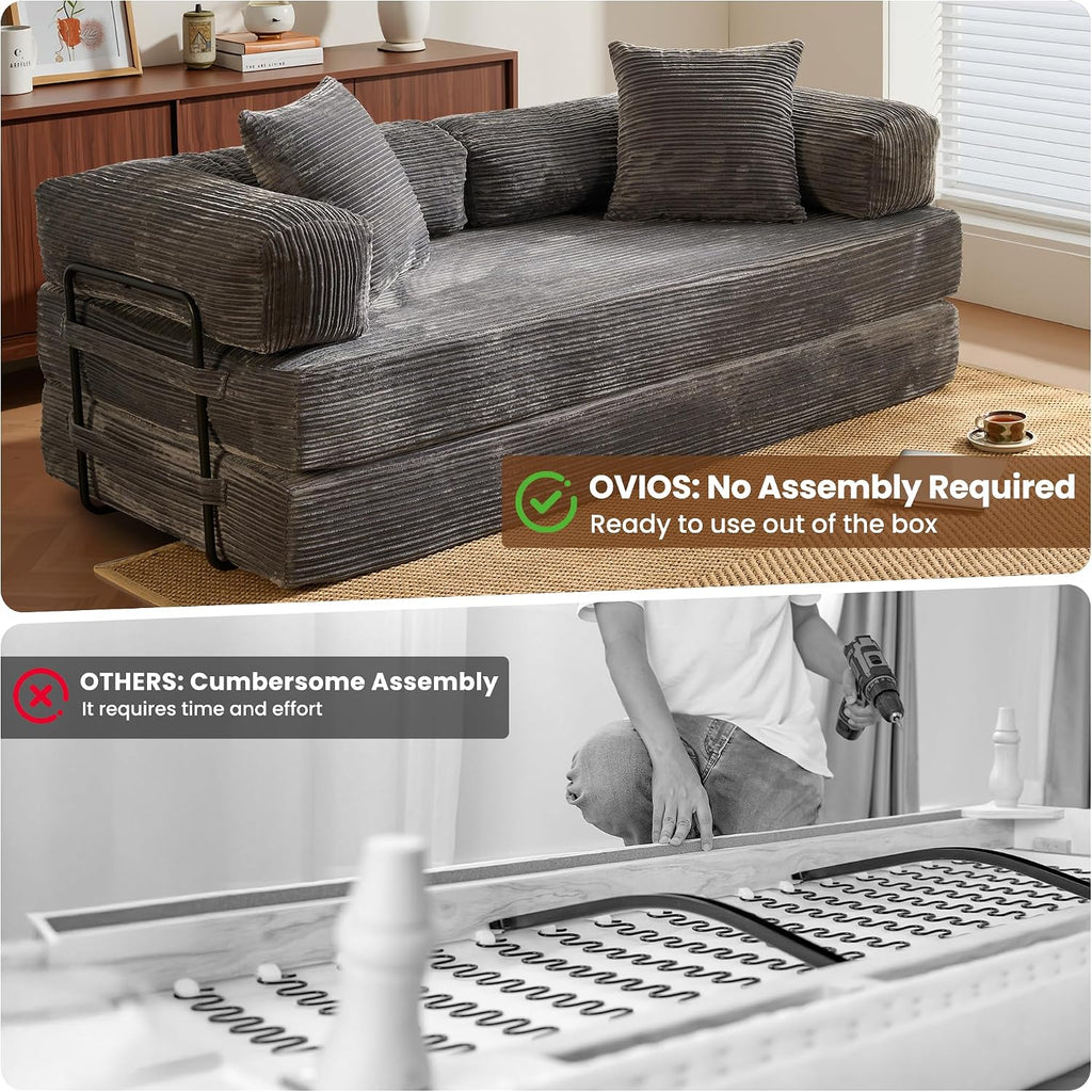 ovios 81' Folding Sofa Bed, Foldable Sleeper Boneless Couch with Pull Out Beds, Modular Convertible Floor Futon Loveseat Lounger for Living Room (Corduroy, Grey)