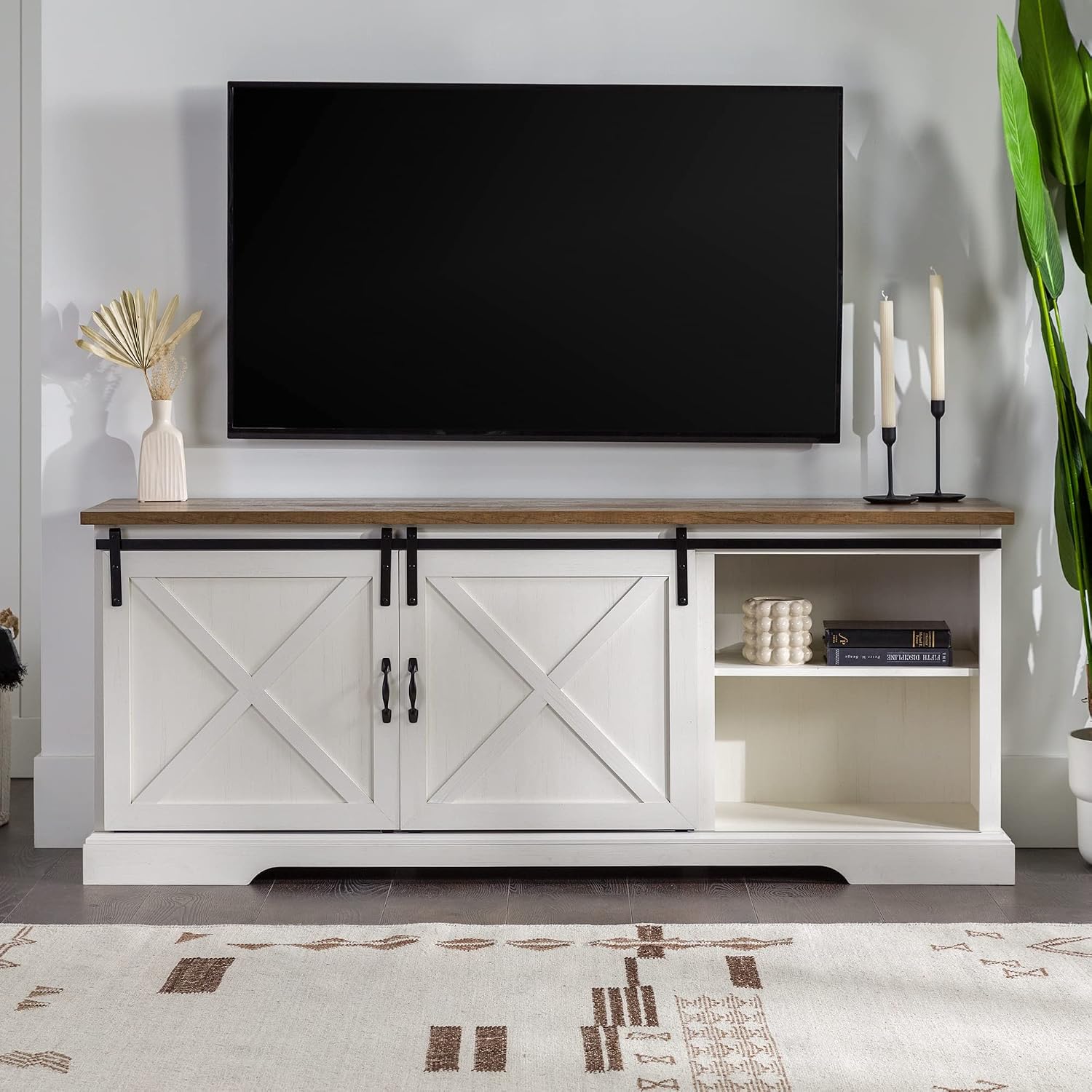 Walker Edison Corbin Modern Farmhouse Sliding X Barn Door TV Stand for TVs up to 80 Inches, 70 Inch, Reclaimed Barnwood and Brushed White