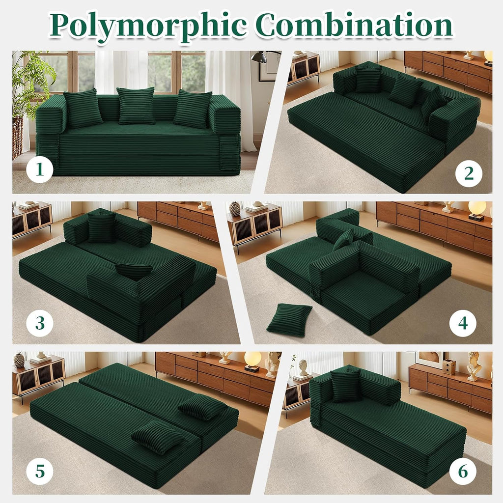 KBQ 3-Seat Convertible Sleeper Sofa Bed with 3 Pillows, Boneless Sofa in a Box Corduroy Folding Mattress Couch, Floor Sofa Lounge Couch for Living Room Bedroom Lounge, Deep Green