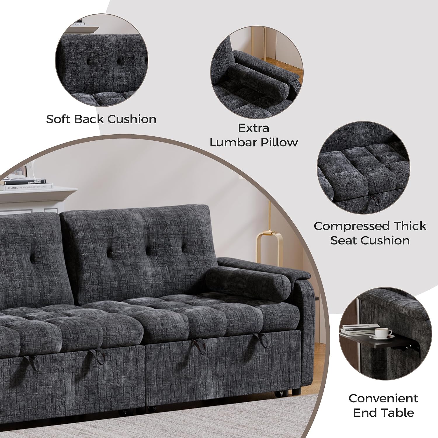 Convertible Sleeper Sofa Bed, 86 Inch Chenille Pull Out Couch with Side Table & Adjustable Backrest, Sectional Sleeper Sofa with Pull Out Bed for Living Room, Apartment, Black