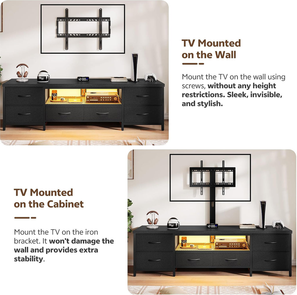 TV Stand for 80 Inch TV with Mount, LED Entertainment Center w/Fabric Drawers & Power Outlets, Industrial Media Console for Living Room, Bedroom, Open Storage Shelves - 71'' Black