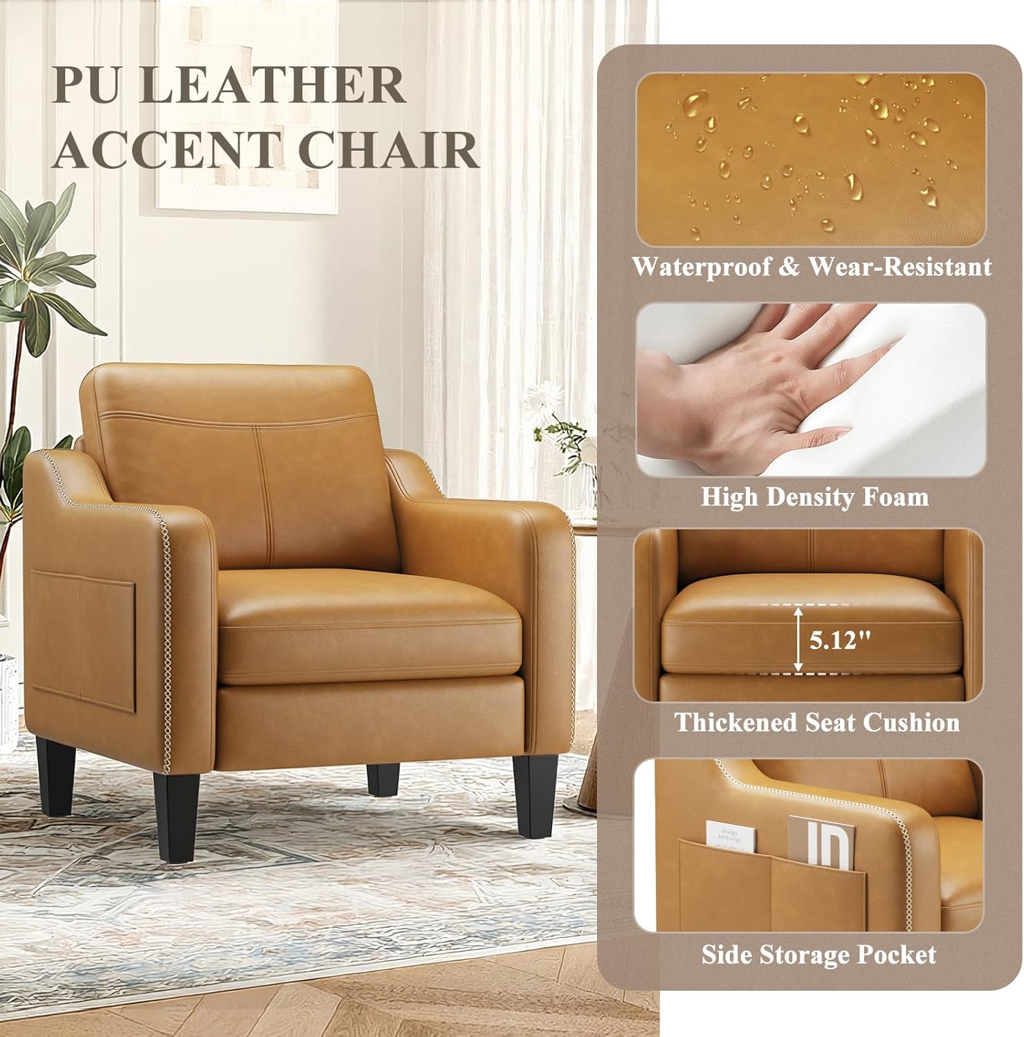 MALOL PU Leather Accent Chair, Mid-Century Modern Living Room Armchair Sofa with Removable Cushions, Solid Wood Frame & Stitched Armrest Design, Bedroom Chair with Plastic Legs, Brown
