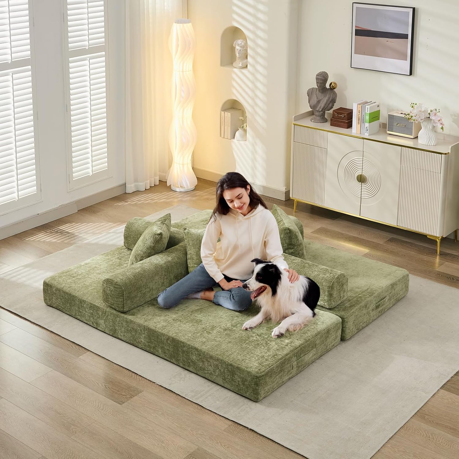 Futon Sofa Bed, Modular Convertible Folding 3 Seater Chenille Foam Floor Loveseat Sleeper Sofa Couch with 3 Pillows, No Assembly Compressed Boneless Couch, for Living Room Bedroom Guest Room, Green