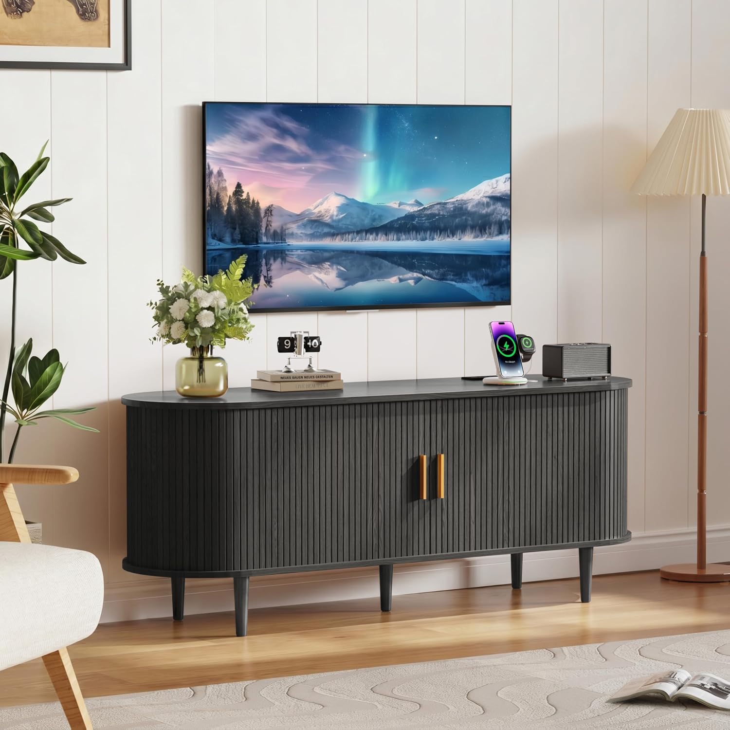DHH 55 Inch Mid Century Modern TV Stand with Power Outlet for TVs up to 60 Inch, Entertainment Center with Storage and Adjustable Shelves, Media Console with Sliding Doors for Living Room(Black)