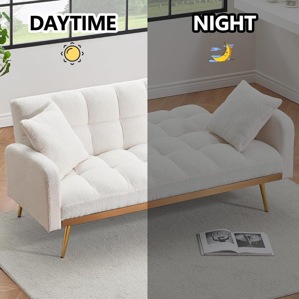 Comfy Futon Sofa Bed with 2 Pillows, White Futon Couch Bed with Gold Legs, Small Convertible Sofa Bed Couch for Living Room, Modern Loveseat for Bedroom, Curved Arms, Plush Tufted-Shaped,Teddy (Beige)