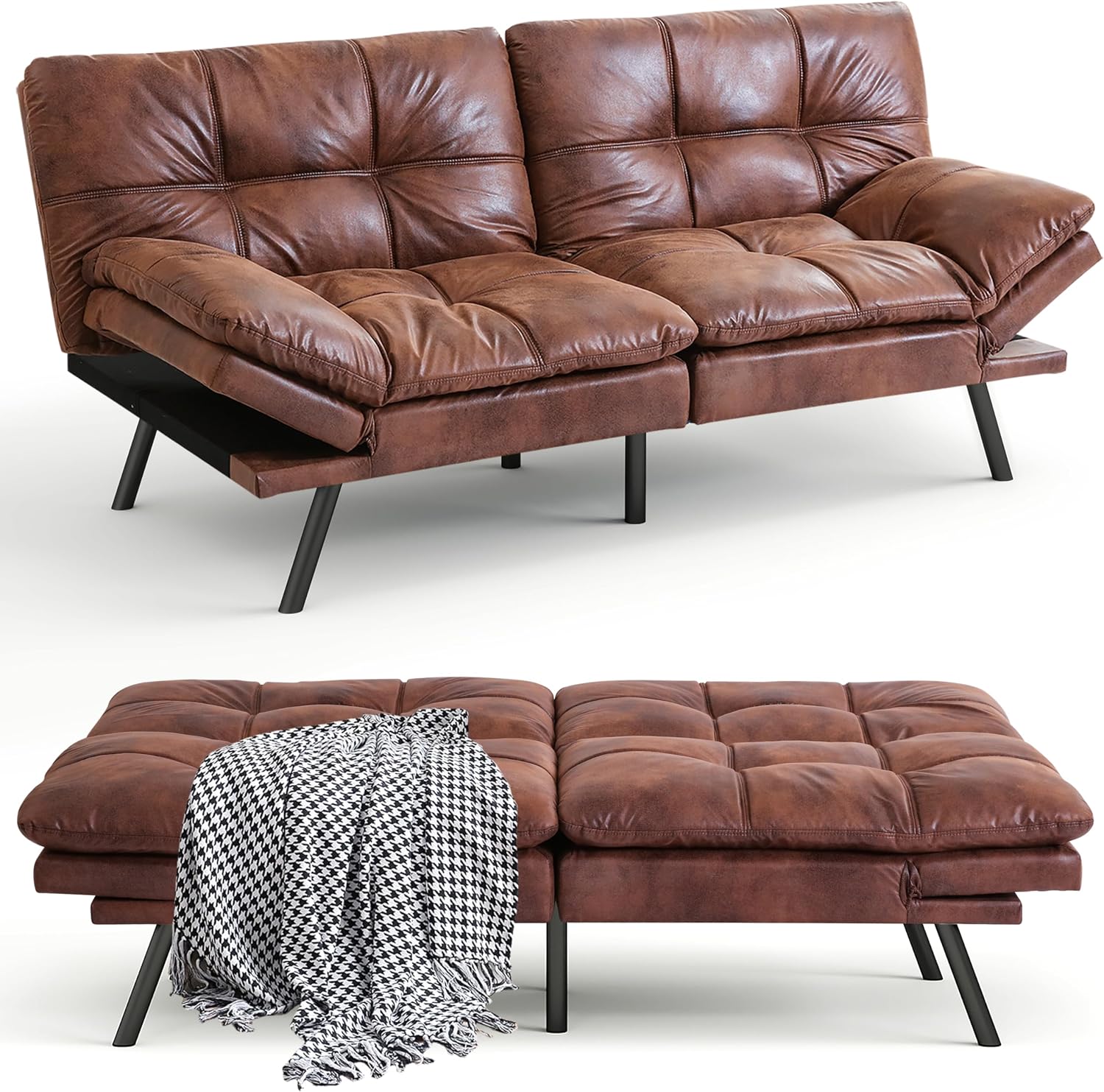 71' Futon Sofa Bed, Memory Foam Convertible Faux Leather Futon Couch Beds with Adjustable Armrest Backrest, Multi-Functional Folding Sleeper Sofa Bed for Living Room, Apartment, Brown