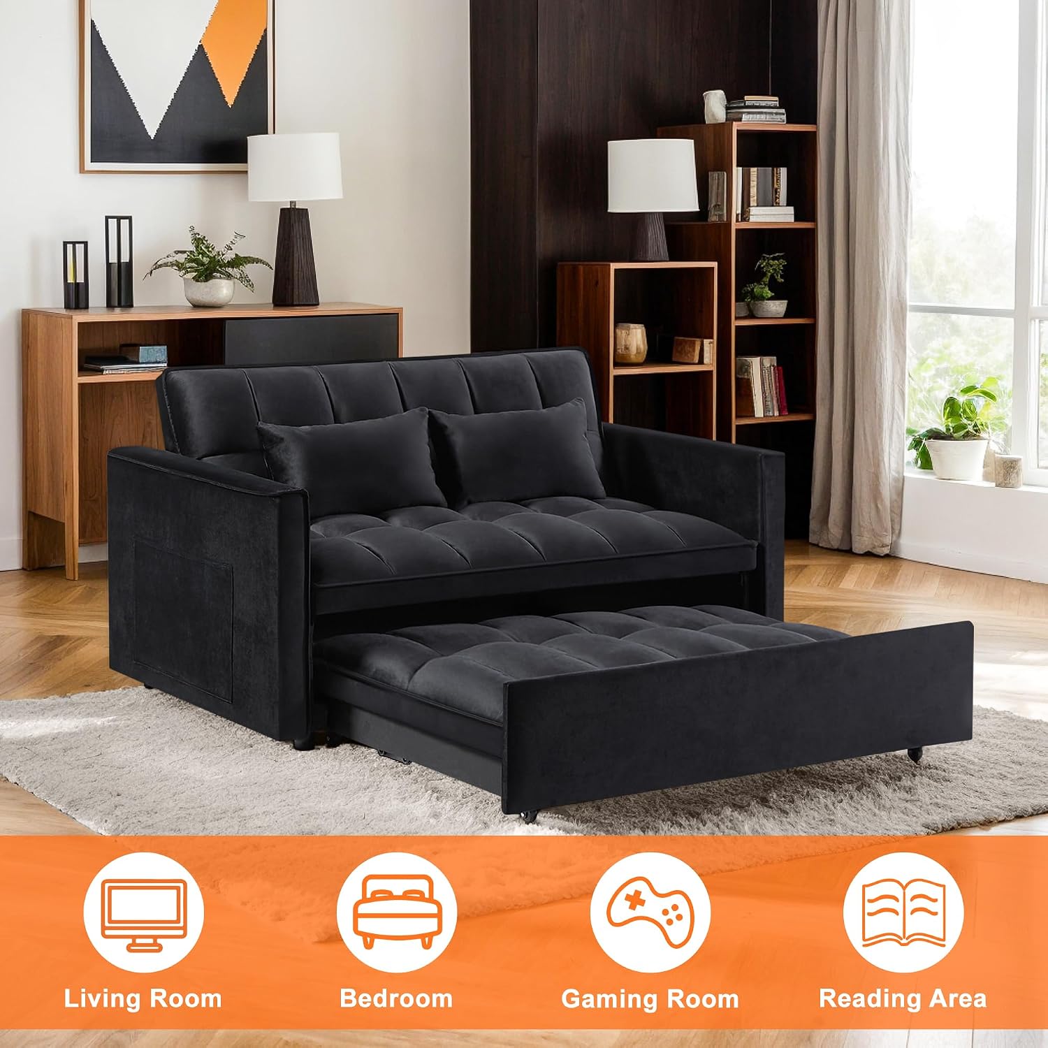 54' Sleeper Sofa Bed, Velvet Pull Out Couch with Adjustable Backrest, 3-in-1 Convertible Futon Loveseat Sleeper Sofa Couch for Small Spaces, Living Room (Black)