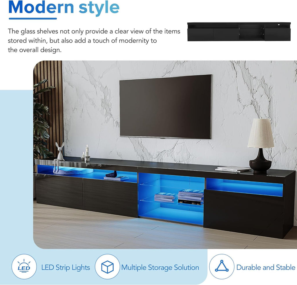 Bellemave LED TV Stand for TVs Up to 105',Ample Storage Space Media Console with 2 Glass Shelves,Versatile TV Cabinet with LED Color Changing Lights for Living Room (Black)