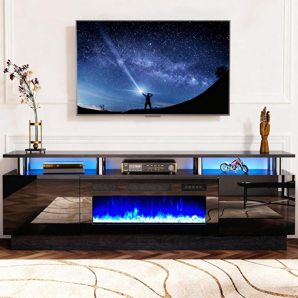 oneinmil Fireplace TV Stand with 36' Electric Fireplace, 2 Tier TV Console Stand for TVs Up to 90'', LED Light Entertainment Center, Fireplace for The Living Room TV Stand, Black, 80''