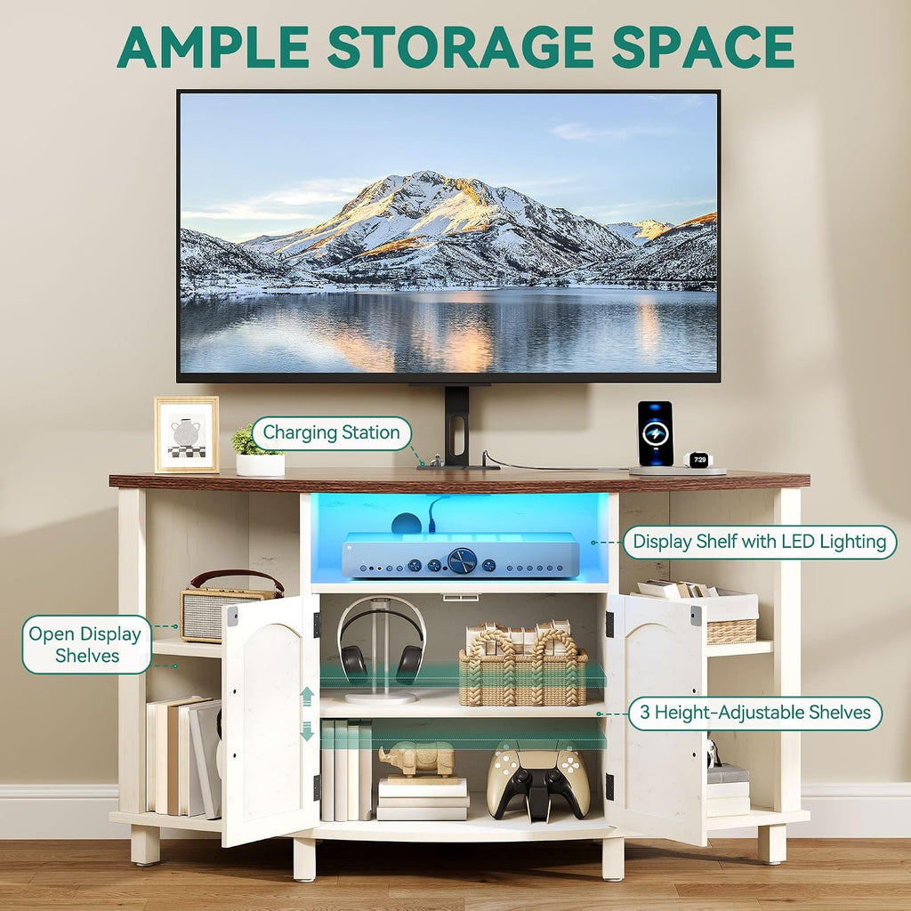 YITAHOME Corner TV Stand with Mount for Living Room, Led Entertainment Center with Storage & Power Outlets, Farmhouse TV Stand for 70 Inch TV, Walnut & Warm White