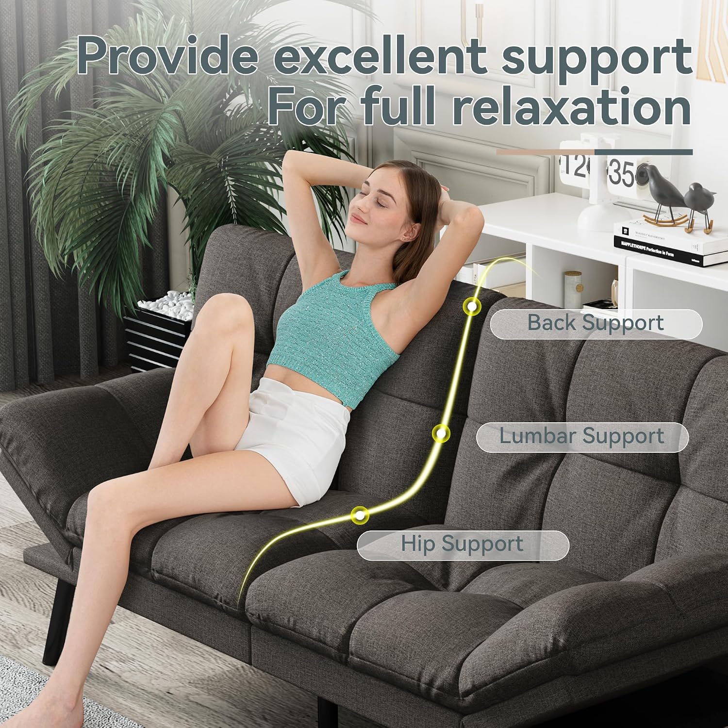 Futon Sofa Bed Convertible Couch, Grey Linen Sofa Bed with Memory Foam, Adjustable Backrest & Armrests, Multifunctional Small Loveseat Sleeper Sofa for Living Room, Apartment, Office